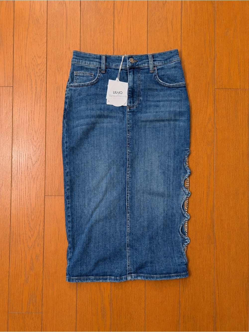 Liu Jo Classic Denim Pencil Midi Skirt with Scalloped Side and Chain Trim Sz 6